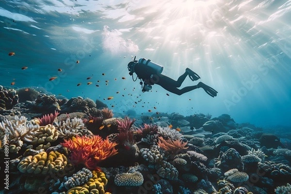 Obraz a scuba diver swimming above a coral reef, underwater shot - 19.3MP - created by AI