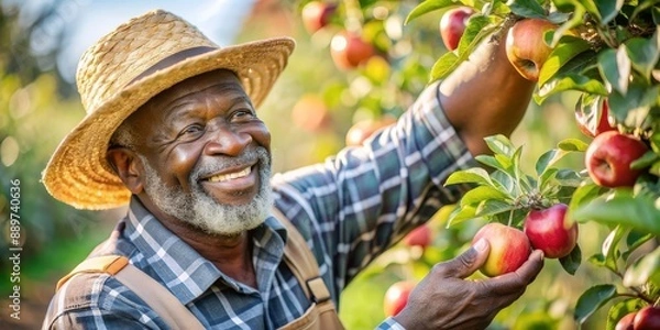 Obraz An old black man picking ripe apples in a sunny orchard