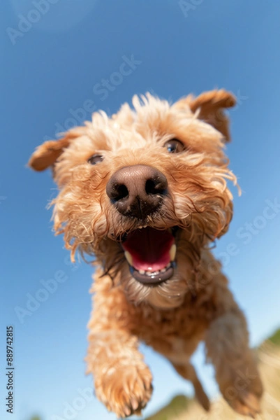 Fototapeta Happy brown dog runs and leaps toward the camera with a joyful expression on its face