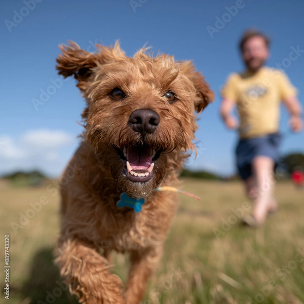 Obraz Brown curly haired dog running towards the camera with its tongue out, while owner plays fetch in the background