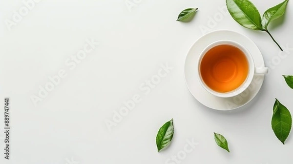 Fototapeta Top view mockup of a cup of tea and tea leaves on a white desk Free space provided for text