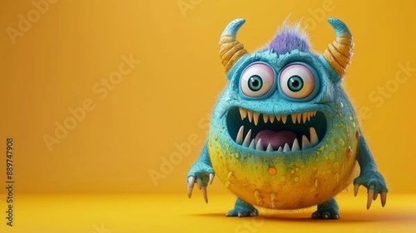Fototapeta Cute 3D cartoon monster with colorful background. This character could be related to animation, children’s media, or character design.