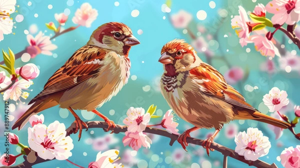 Fototapeta Two Beautiful Sparrows Sitting Peacefully on a Flowering Tree Branch, Surrounded by Delicate Spring Blossoms, Creating a Serene Scene in Nature