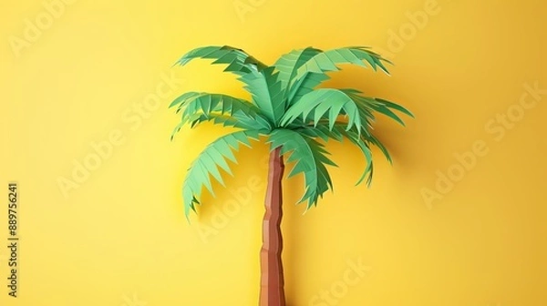 Fototapeta 3D illustration of a tropical palm tree rendered in paper art style Natural plant element isolated on a yellow background