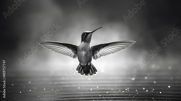 Obraz A black and white photo of a hummingbird flying with misty and dreamy background
