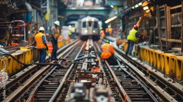 Fototapeta Metro Construction with Workers in Safety Vests Building New Tracks and Platforms - Urban Development