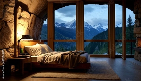 Obraz Cozy Cave Room Carved into a Mountainside with Stunning Landscape View and Inviting Interior