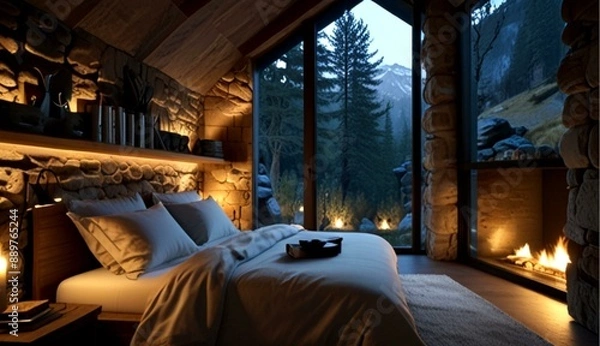 Obraz Cozy Cave Room Carved into a Mountainside with Stunning Landscape View and Inviting Interior