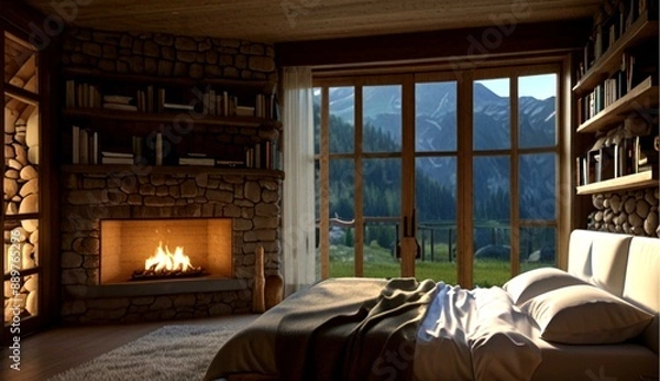 Obraz Cozy Cave Room Carved into a Mountainside with Stunning Landscape View and Inviting Interior