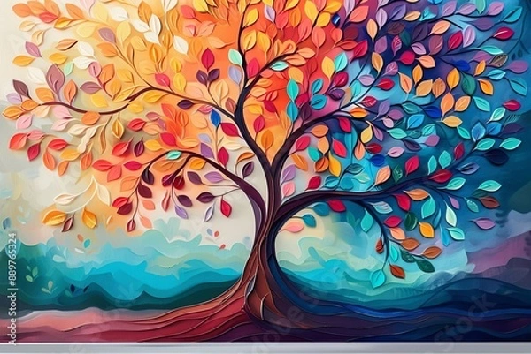 Fototapeta Colorful tree with leaves on hanging branches illustration background. 3d abstraction wallpaper for interior mural wall art decor. Floral tree with multicolor, Generative AI