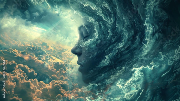 Fototapeta abstract storm swirling inside a human head, capturing the internal turbulence and uncontrollable nature of chaotic thoughts, evoking a sense of mental storm