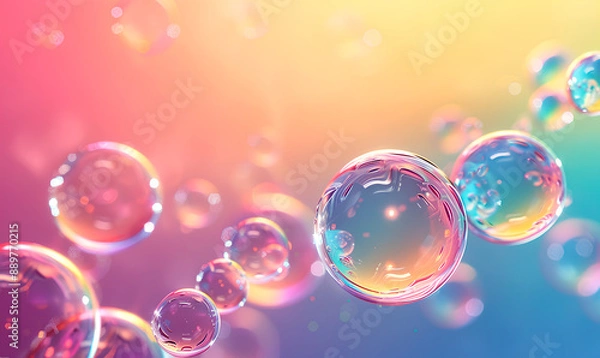 Fototapeta Rainbow soap bubbles float in the air against a soft, colorful background