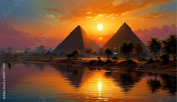 Obraz Breathtaking Landscape of Ancient Egypt with Pyramids and the Nile River at Sunset in Hyper-Realistic Oil on Canvas