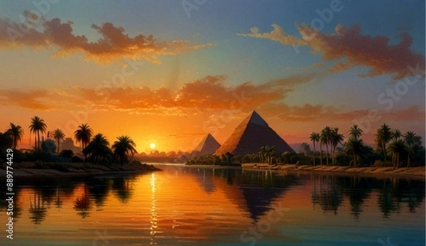 Obraz Breathtaking Landscape of Ancient Egypt with Pyramids and the Nile River at Sunset in Hyper-Realistic Oil on Canvas