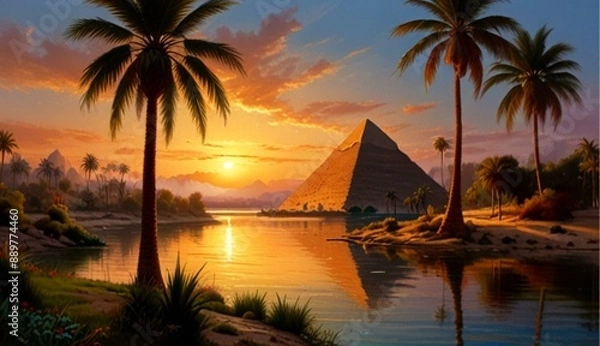Obraz Breathtaking Landscape of Ancient Egypt with Pyramids and the Nile River at Sunset in Hyper-Realistic Oil on Canvas