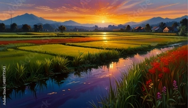 Obraz Vibrant Oil on Canvas Capturing Sunset at Serene Rice Fields Near a Quaint Village