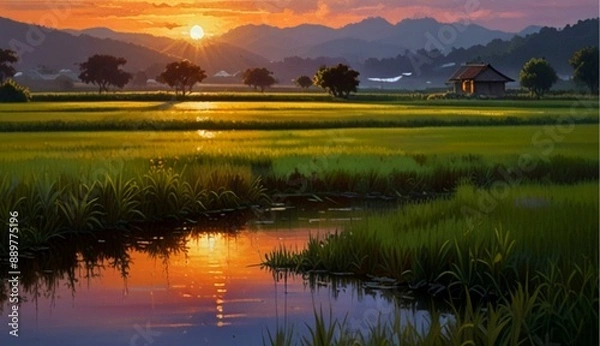 Obraz Vibrant Oil on Canvas Capturing Sunset at Serene Rice Fields Near a Quaint Village