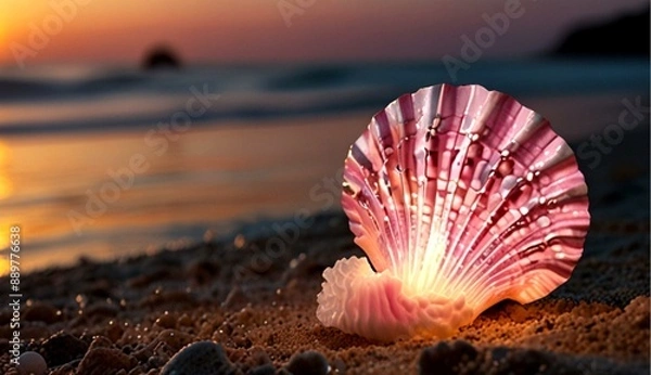 Obraz Glowing Seashell at Pink and White Sunset Shining Over the Beach