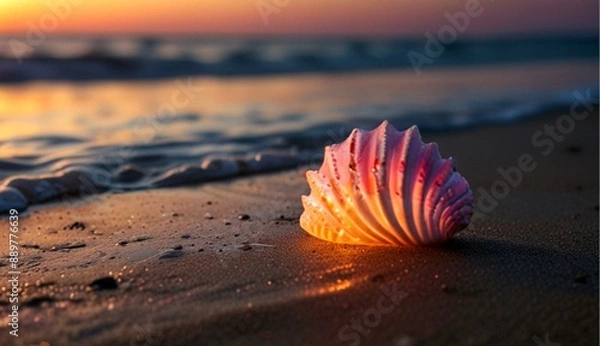 Obraz Glowing Seashell at Pink and White Sunset Shining Over the Beach