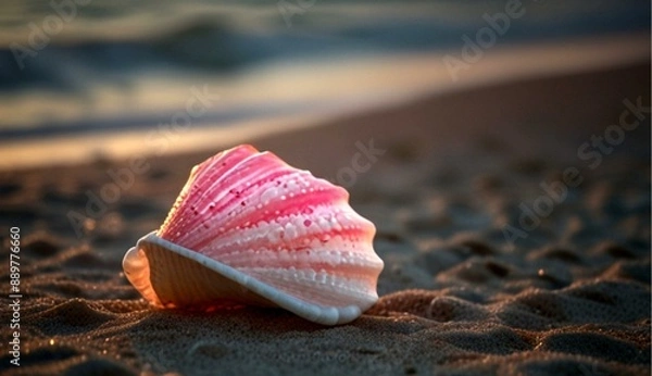 Obraz Glowing Seashell at Pink and White Sunset Shining Over the Beach