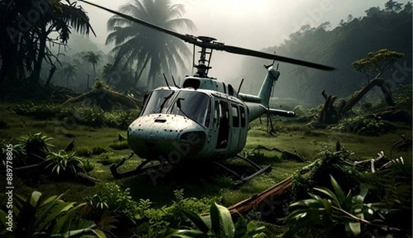 Obraz Dramatically Crashed Helicopter on a Remote Island Amidst Tangled Branches and Lush Greenery