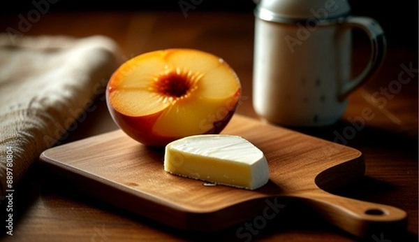 Obraz Still Life of Cutting Board with Mozzarella, Gouda, and Peach Slices in Expensive Art Deco Kitchen
