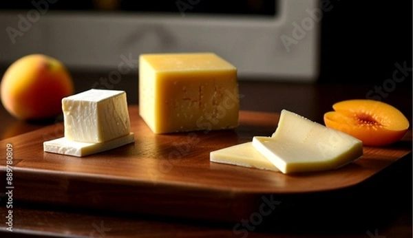 Obraz Still Life of Cutting Board with Mozzarella, Gouda, and Peach Slices in Expensive Art Deco Kitchen