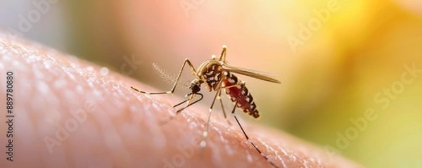 Fototapeta Close-up of a mosquito biting human skin, detailed and sharp. Free copy space for text.
