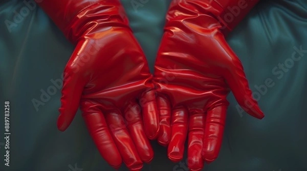 Fototapeta Red gloves of a medical worker close up
