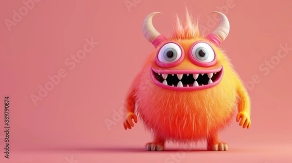 Fototapeta Cute 3D cartoon monster with colorful background. This character could be related to animation, children’s media, or character design.