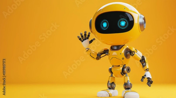 Fototapeta Yellow Robot Waving in Front of a Solid Yellow Background