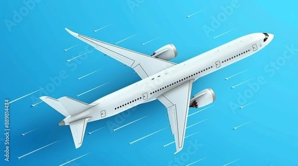 Fototapeta A white airplane flying high on a clear blue sky. The large passenger jet has two engines, extended wings, and a long fuselage. Isolated in the sky with no other objects.