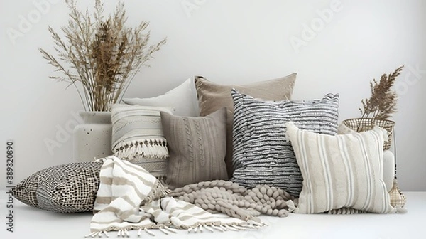 Fototapeta Chic living room accessories like cushions, throws, and decorative items on a stylish white backdrop. 32k, full ultra HD, high resolution