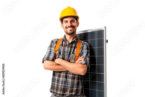 Fototapeta A technician is standing idle, the man has a solar panel behind him to generate renewable energy. The man looks confident.