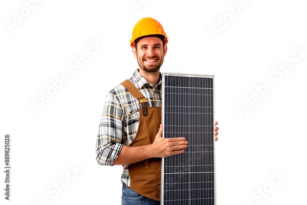 Fototapeta A worker holds a solar panel with both hands, sustainable energy, the technician looks at the camera and smiles.