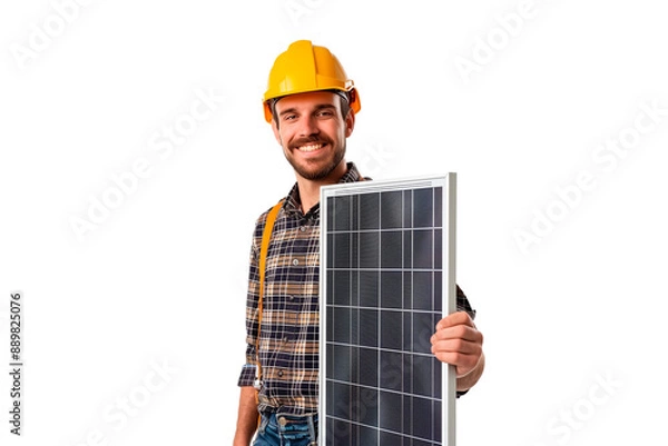 Fototapeta An engineer holds a solar panel in his left hand, sustainable and renewable energy. The worker looks at the camera and wears a yellow helmet.