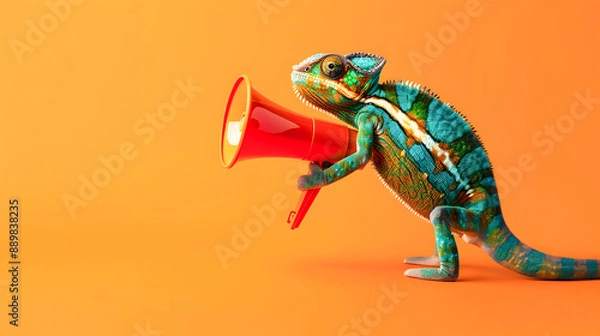 Obraz Creative announcement concept featuring a vibrant colorful chameleon appearing to shout into a bright red megaphone against a solid orange studio background