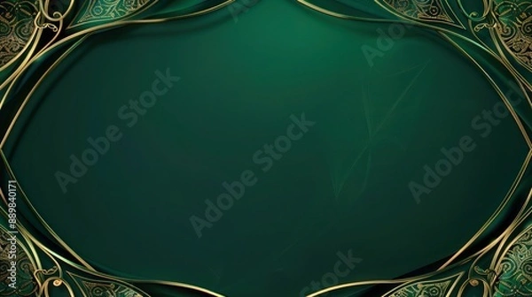 Fototapeta A rich, deep emerald green background with an intricate golden filigree pattern only on the boundaries, suggesting elegance and luxury.