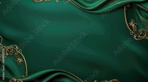 Fototapeta A rich, deep emerald green background with an intricate golden filigree pattern only on the boundaries, suggesting elegance and luxury.
