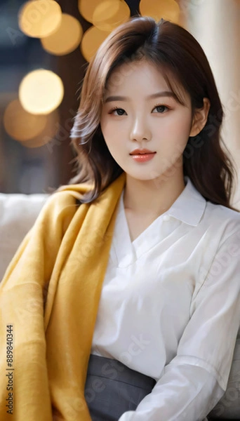 Obraz Young asian woman posing sitting on a sofa with yellow blanket