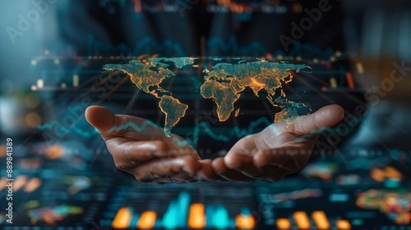 Obraz Map of the world levitating above the palms