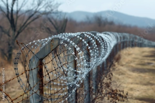 Fototapeta Close-up of barbed wire fence around military base, which is located in the grassland near forest and treeless hills