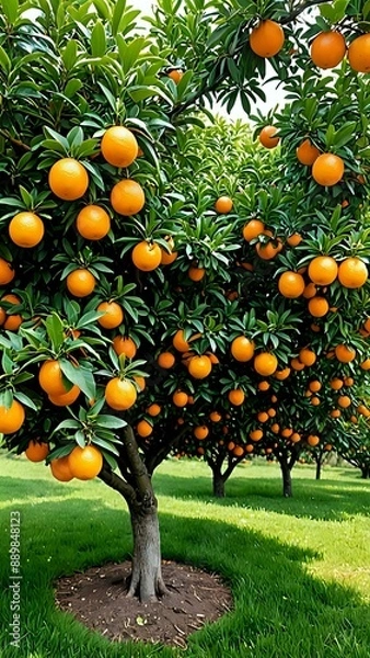 Fototapeta Orange tree with ripe fruit hanging from branches.