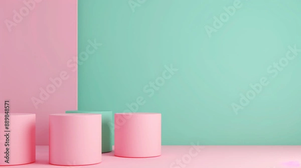 Fototapeta Minimalistic composition with pink cylindrical shapes against pastel pink and green background, ideal for modern design and art projects.