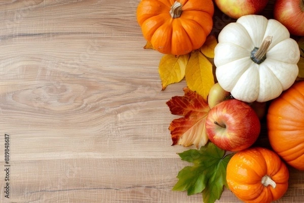 Fototapeta A table with a variety of fall fruits and vegetables, including apples, pumpkins