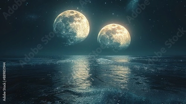 Fototapeta Two moons in the sky, milky way, reflection on water surface, fantasy landscape, minimalist design, space for text, wide angle lens, hyper realistic