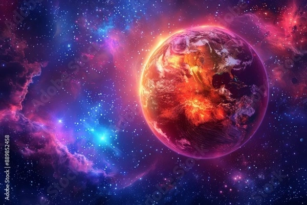 Fototapeta Cosmic view of a red planet in a vibrant galaxy depicting outer space and celestial bodies with bright colors and a sense of wonder