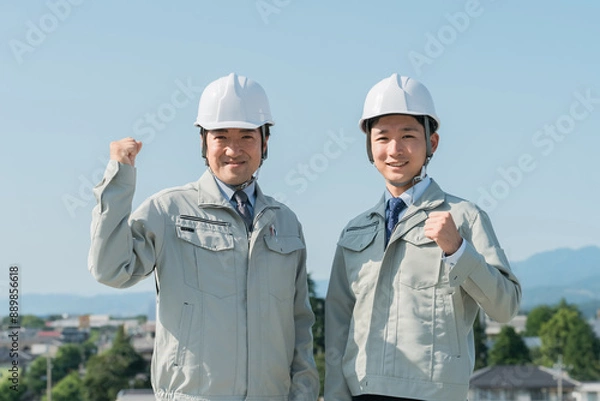 Fototapeta 青空の中に立つ作業服を着た作業員（建設・建築・設計・不動産・土木・工事・現場監督・運送）
