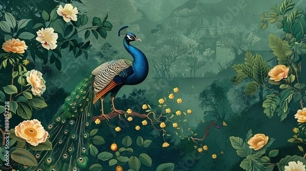Obraz Peacock and Palace in a Traditional Mughal Forest Garden: Wallpaper Illustration