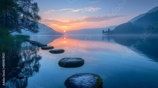 Fototapeta Serene evening lake with still waters reflection